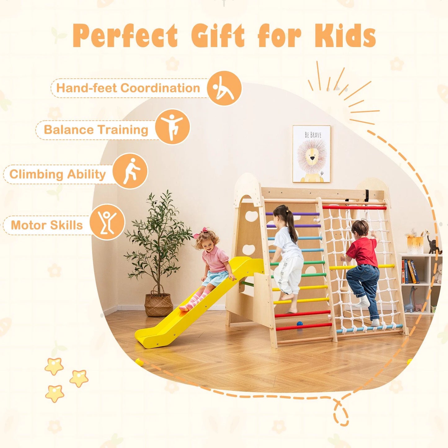 8-In-1 Indoor Jungle Gym Wooden Playground with Climbing Wall