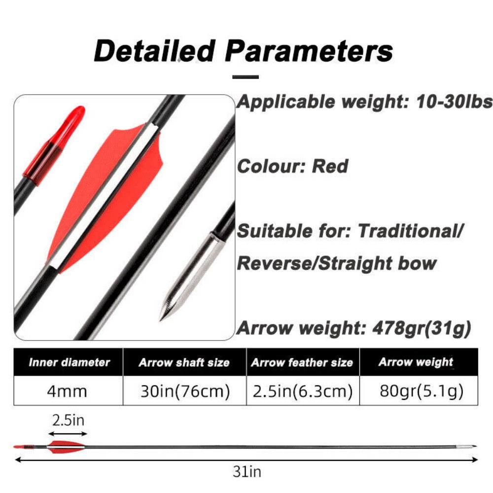 30x Fiberglass Archery Arrows – 31" Target Practice Arrows for Recurve & Compound Bows