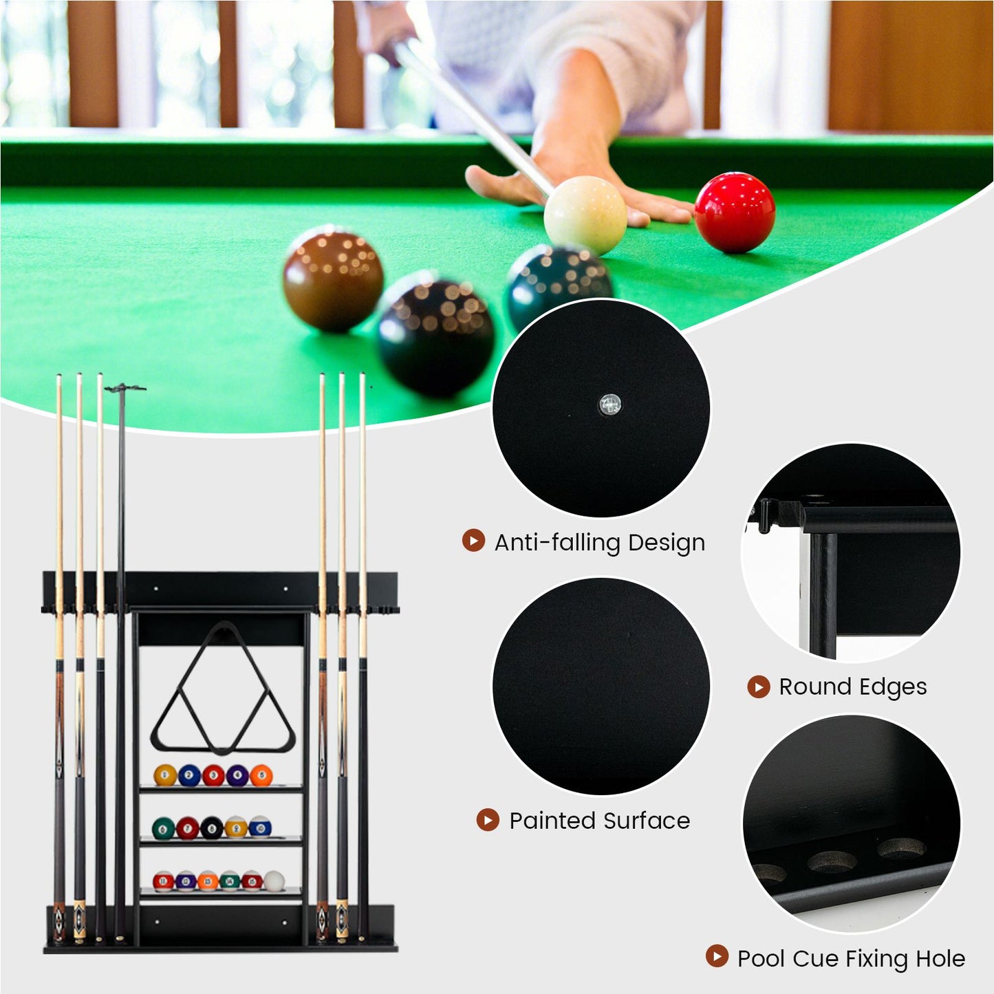 Wall-Mounted Billiard Cue Rack for Pool Sticks