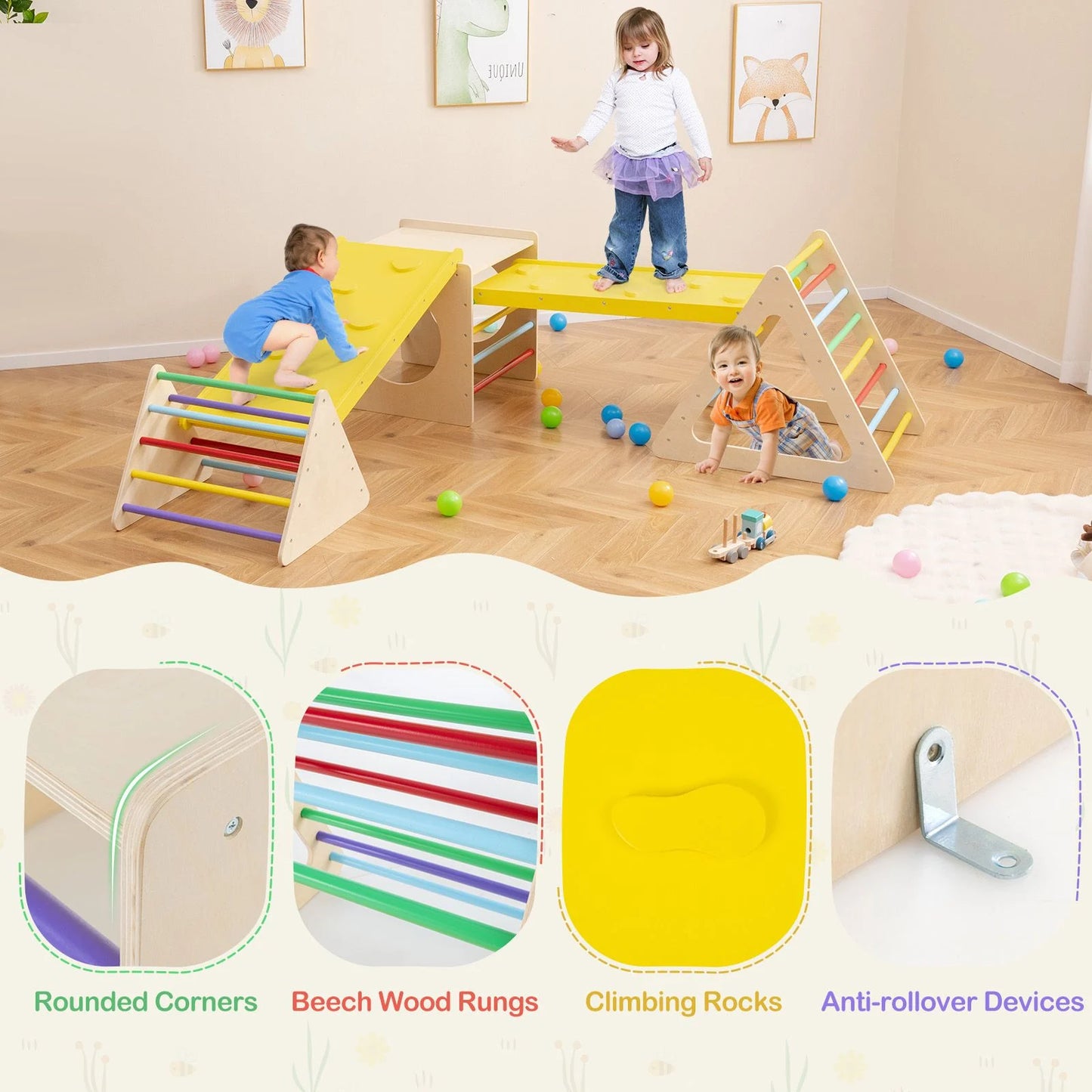 6-in-1 Wooden Toddler Climbing Set | Montessori Triangle Climber, Cube & Slide for Indoor Play