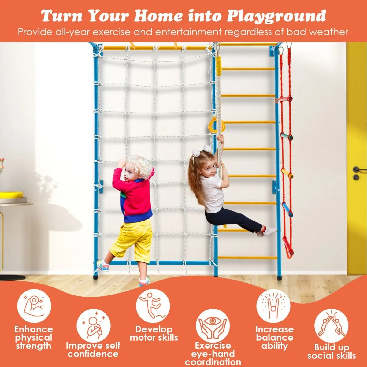 Metal Swedish Wall Bars for Children with Gym Rings and Climbing Net