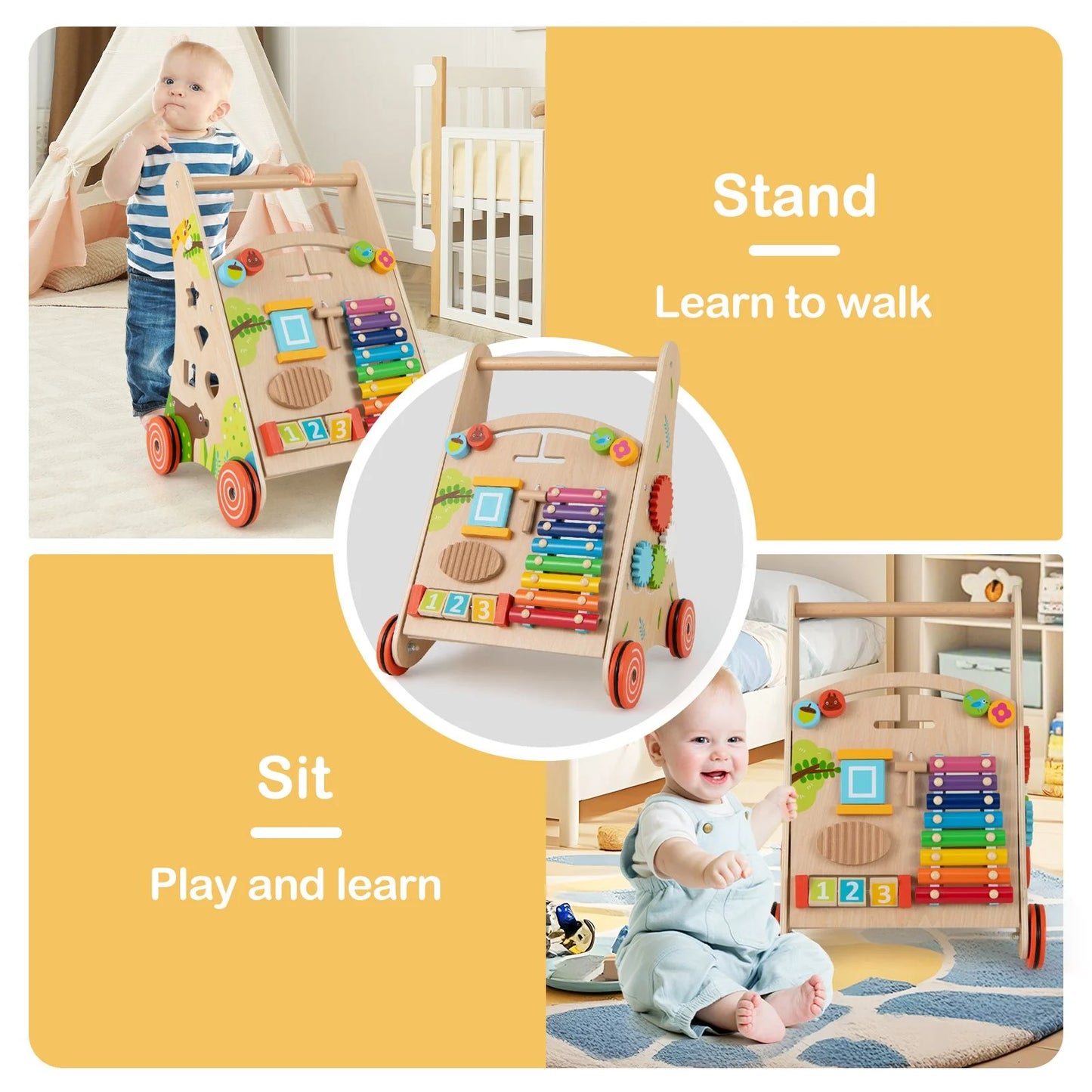 Wooden Baby Walker with Activity Center, Xylophone & Shape Sorters | Montessori Push Walker with Storage
