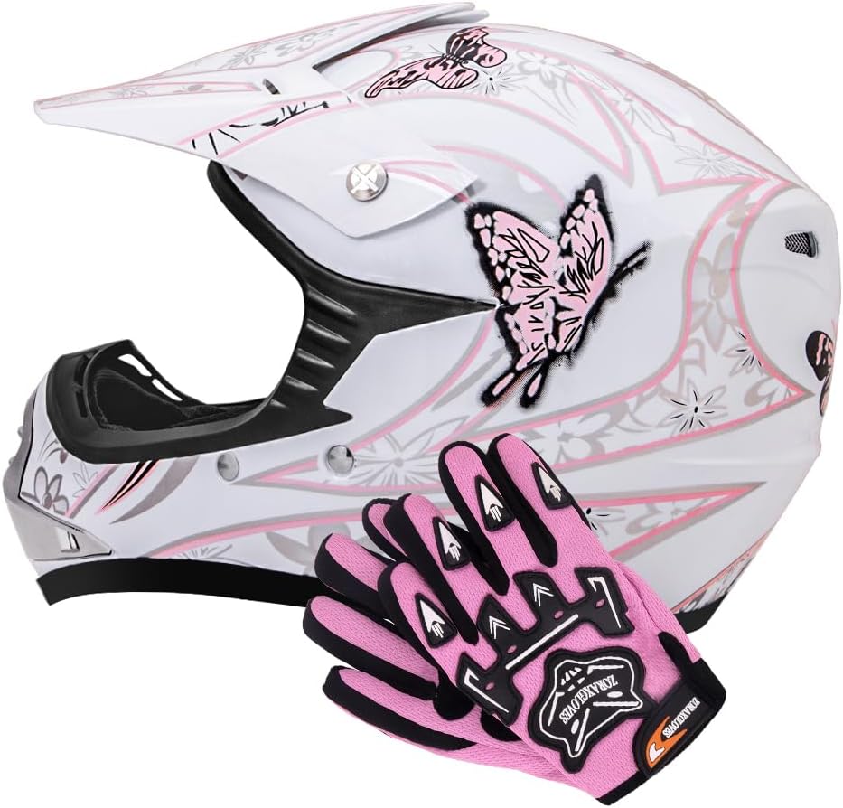 Butterfly Kids MX Motocross Helmet with Gloves (L: 53-54cm) | ECE 22.06 Certified Lightweight Motorbike Helmet for Children | Shock-Absorbing ABS Shell with Breathable Padding