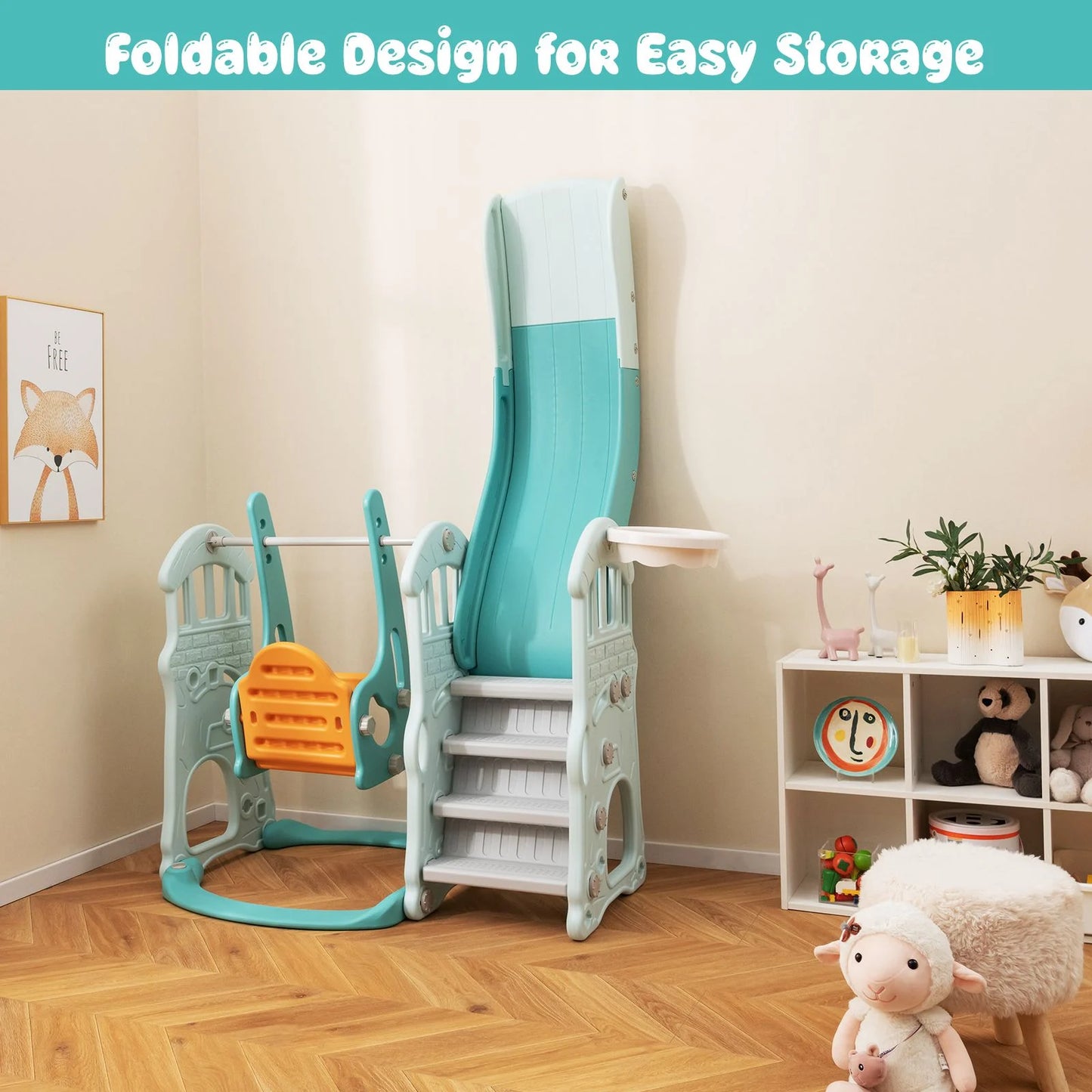 4-in-1 Toddler Slide and Swing Set with Extended Foldable Slide