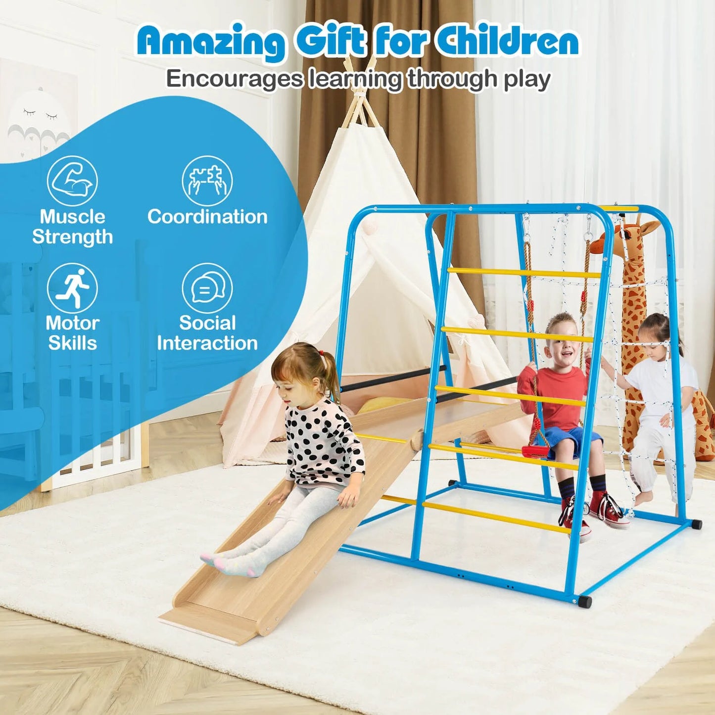 6-in-1 Indoor Jungle Gym Metal Climber with Slide, Swing & Monkey Bars | Kids Playset for Active Learning