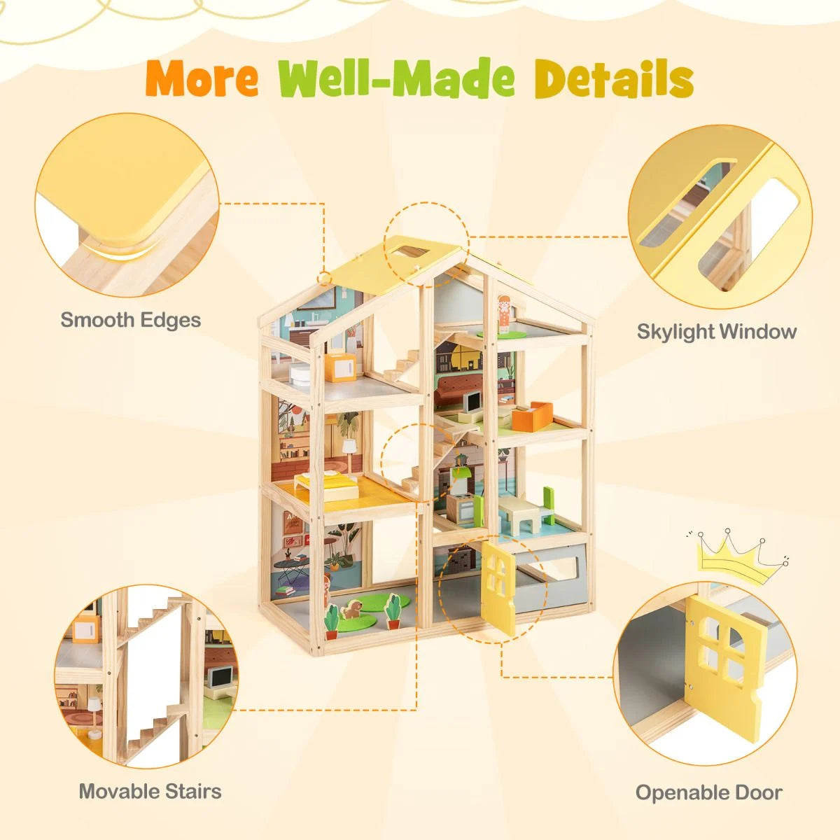 Kids Wooden Dollhouse with 7 Rooms, Figures & 18 Furniture Pieces | Pretend Play Toy for Ages 3+