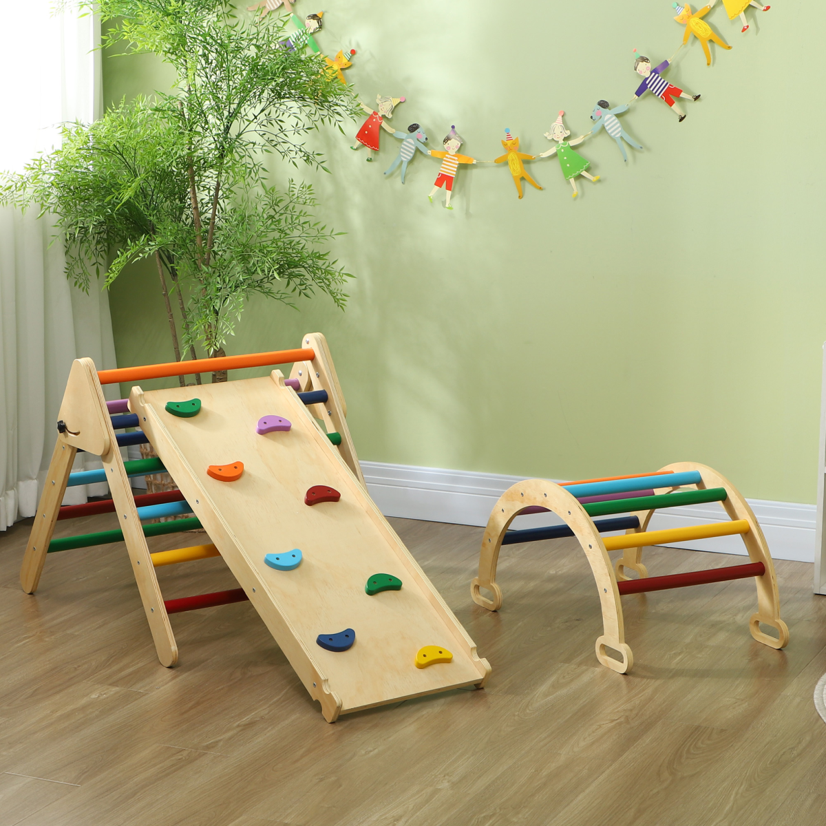5-in-1 Montessori Climbing Frame for Toddlers – Triangle, Arch, Slide & Rocker (18–48 Months)
