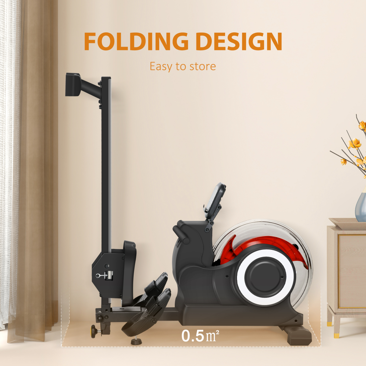 SPORTNOW Foldable Water Rowing Machine with Wheels & LCD Display – Black