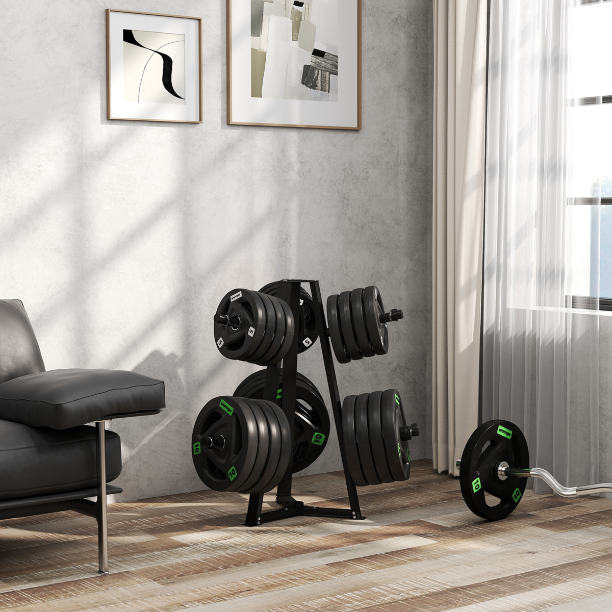 Weight Plate Storage Rack with Barbell Holder & Safety Clamps – 300kg Capacity