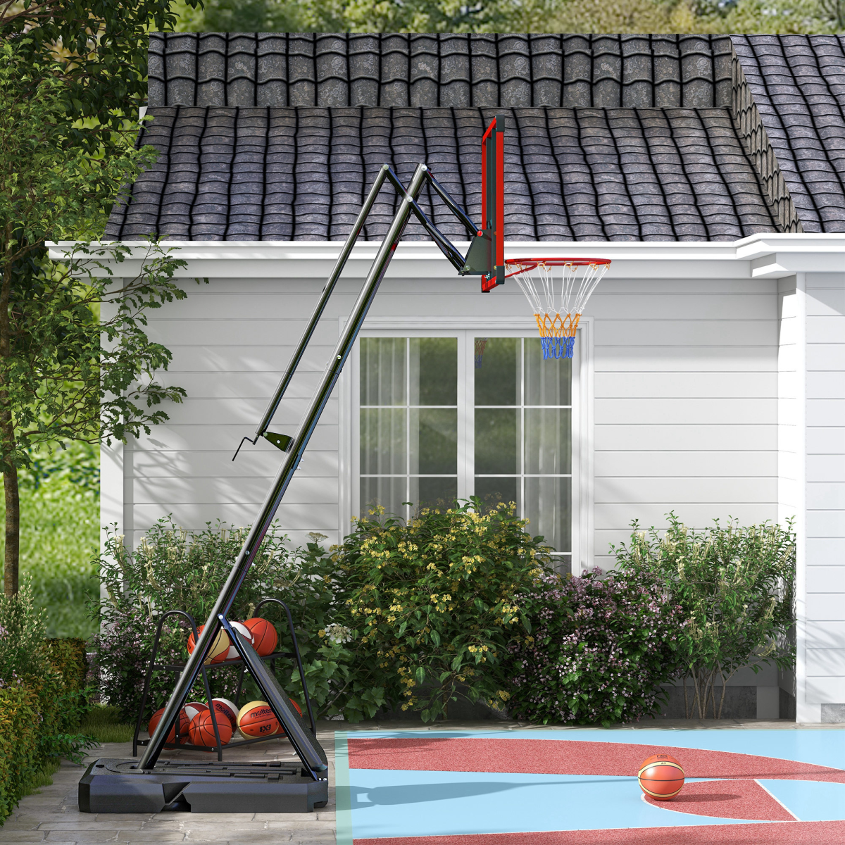 Adjustable Basketball Hoop with Weighted Base, 2.4–2.9m, Red