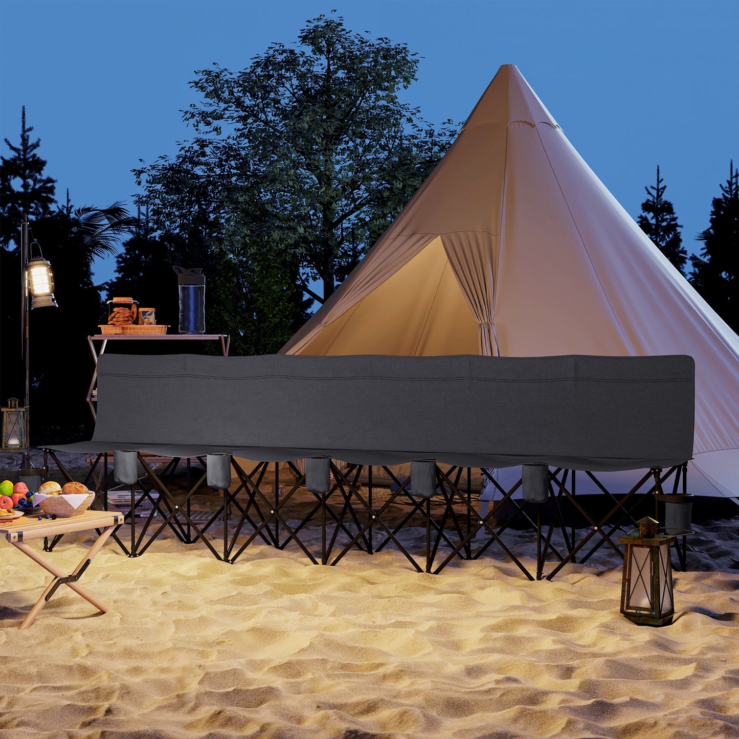 6-Seater Folding Camping Bench with Cup Holders & Carry Bag – Charcoal Grey