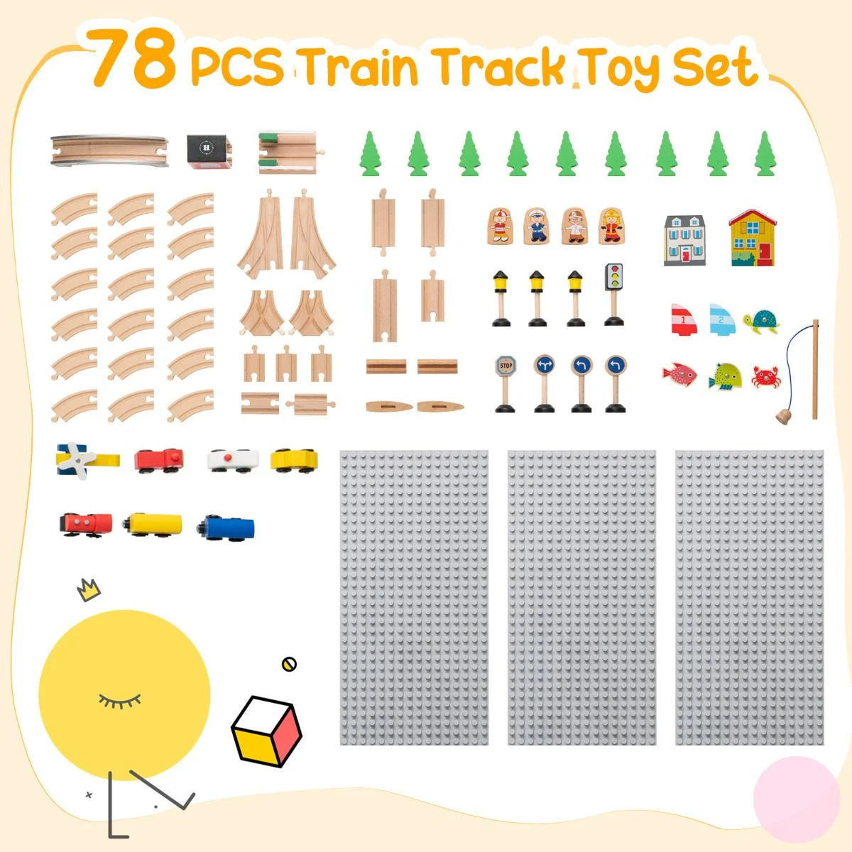 Wooden Train Table 78 Pieces Kids Activity Railway Playset
