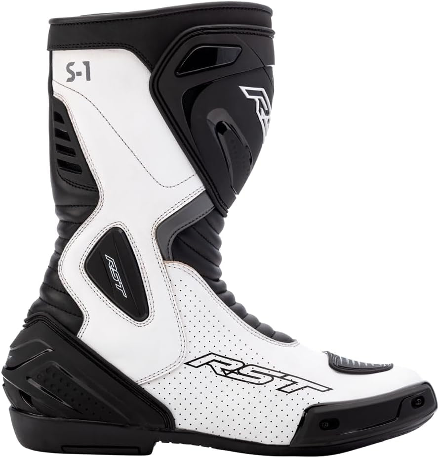 S1 Men's CE Certified Leather Sport Touring Motorcycle Boots - Size 8 UK, Black/White