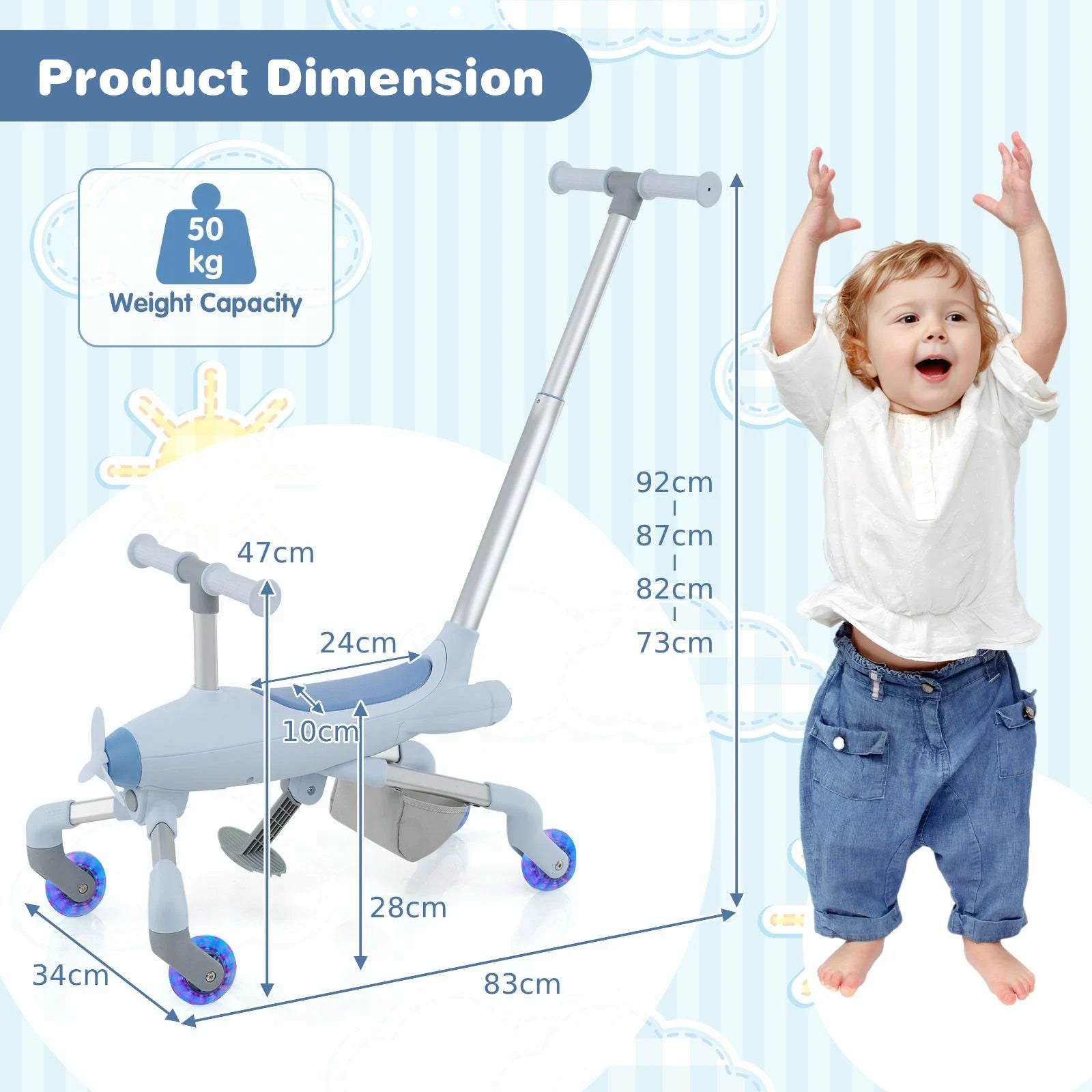 2-in-1 Kids Ride-On Push Car with LED Wheels & Adjustable Handle | Toddler Push Toy Plane for 18–60 Months