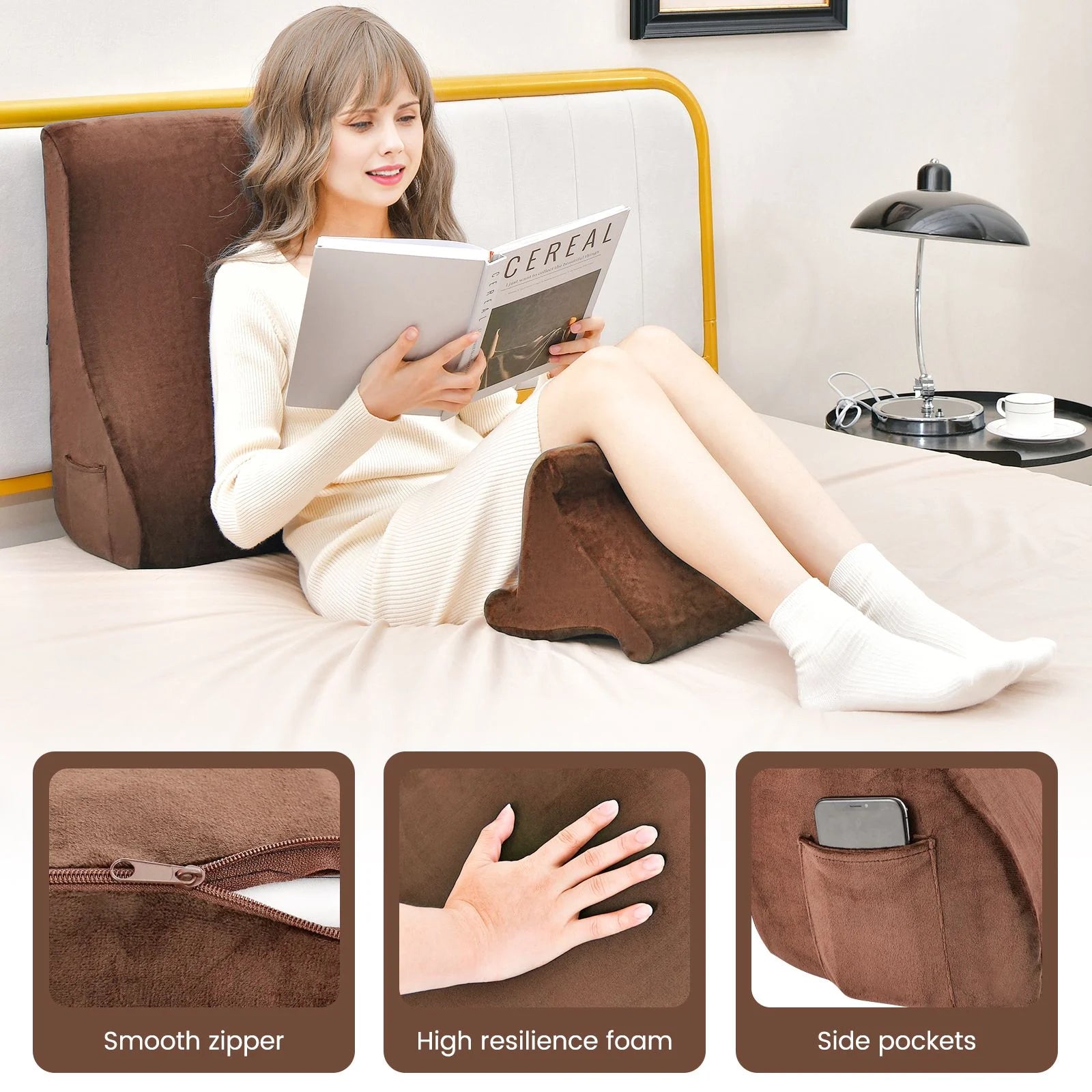 Wedge Pillow Set with Integrated Tablet Stand and Side Pockets