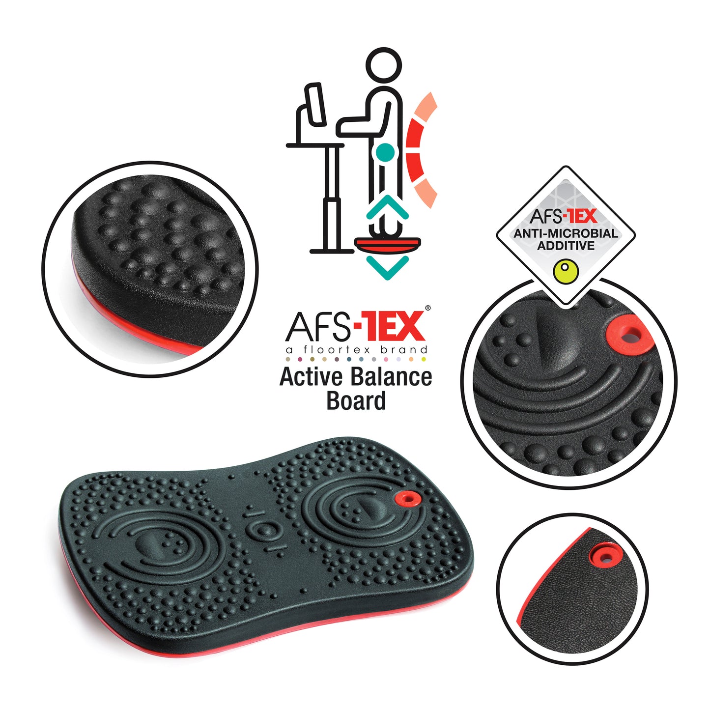 AFS-TEX® Active Balance Board – Anti-Microbial Wobble Board for Standing Desks & Exercise, 35 x 50cm, Black