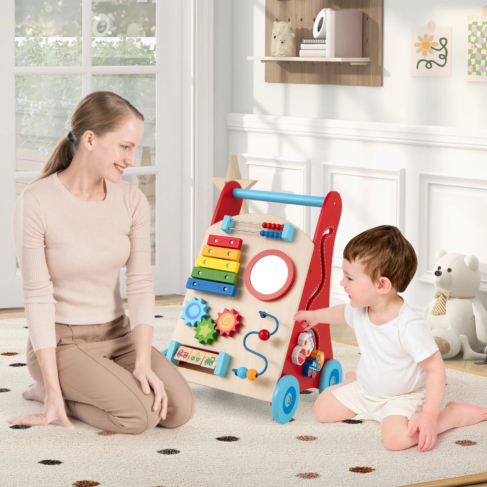 Wooden Baby Walker with Activity Center, Mirror & Xylophone | Montessori Learning Push Toy for Toddlers