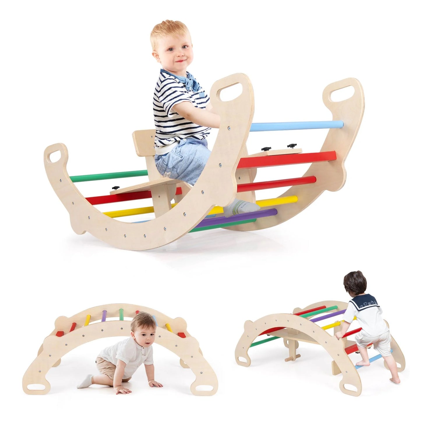 4-in-1 Montessori Wooden Rocking Horse & Climbing Arch for Toddlers | Balance Trainer, Rocker, Tunnel & Chair | Ages 1–5
