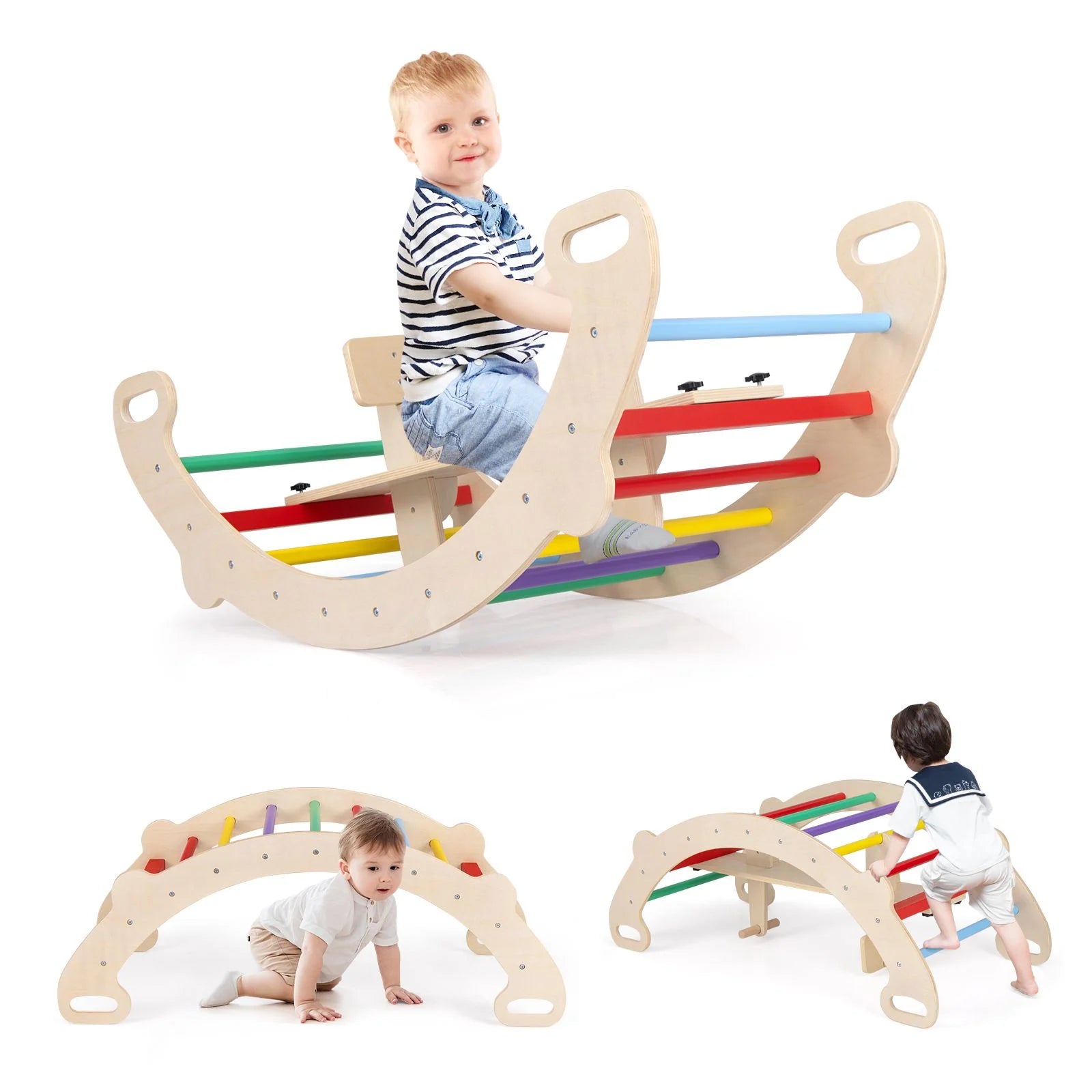 4-in-1 Montessori Wooden Rocking Horse & Climbing Arch for Toddlers | Balance Trainer, Rocker, Tunnel & Chair | Ages 1–5