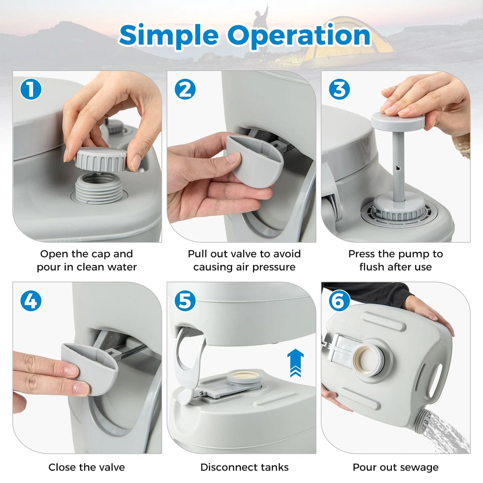 Portable Camping Toilet with 20L Waste Tank & 12L Fresh Water Tank | Odour-Free Flush System