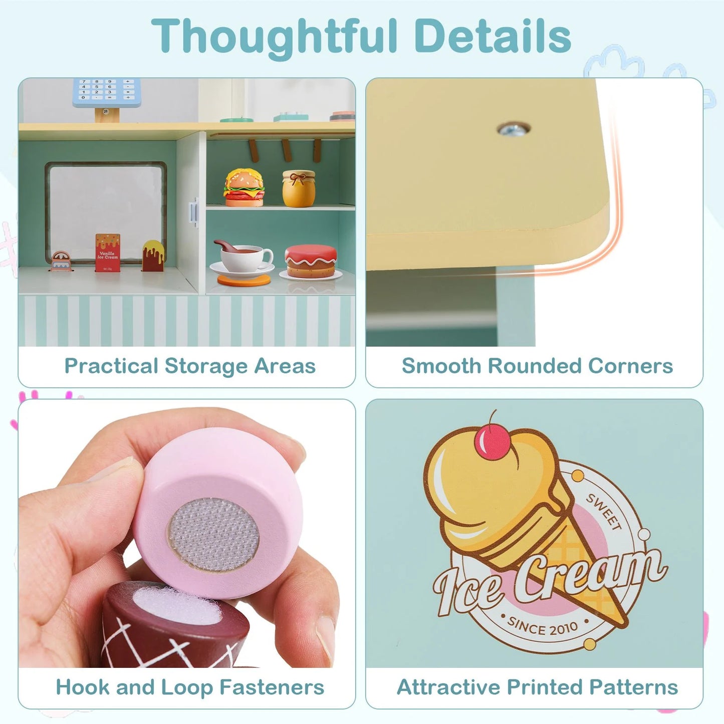 Wooden Kids Ice Cream Cart Pretend Play Set | Toddler Ice Cream Truck with Vending Machine & Accessories | Montessori Role Play Toy Ages 3+