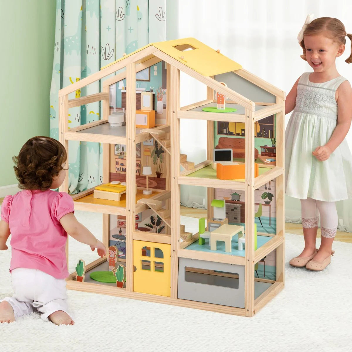 Kids Wooden Dollhouse with 7 Rooms, Figures & 18 Furniture Pieces | Pretend Play Toy for Ages 3+