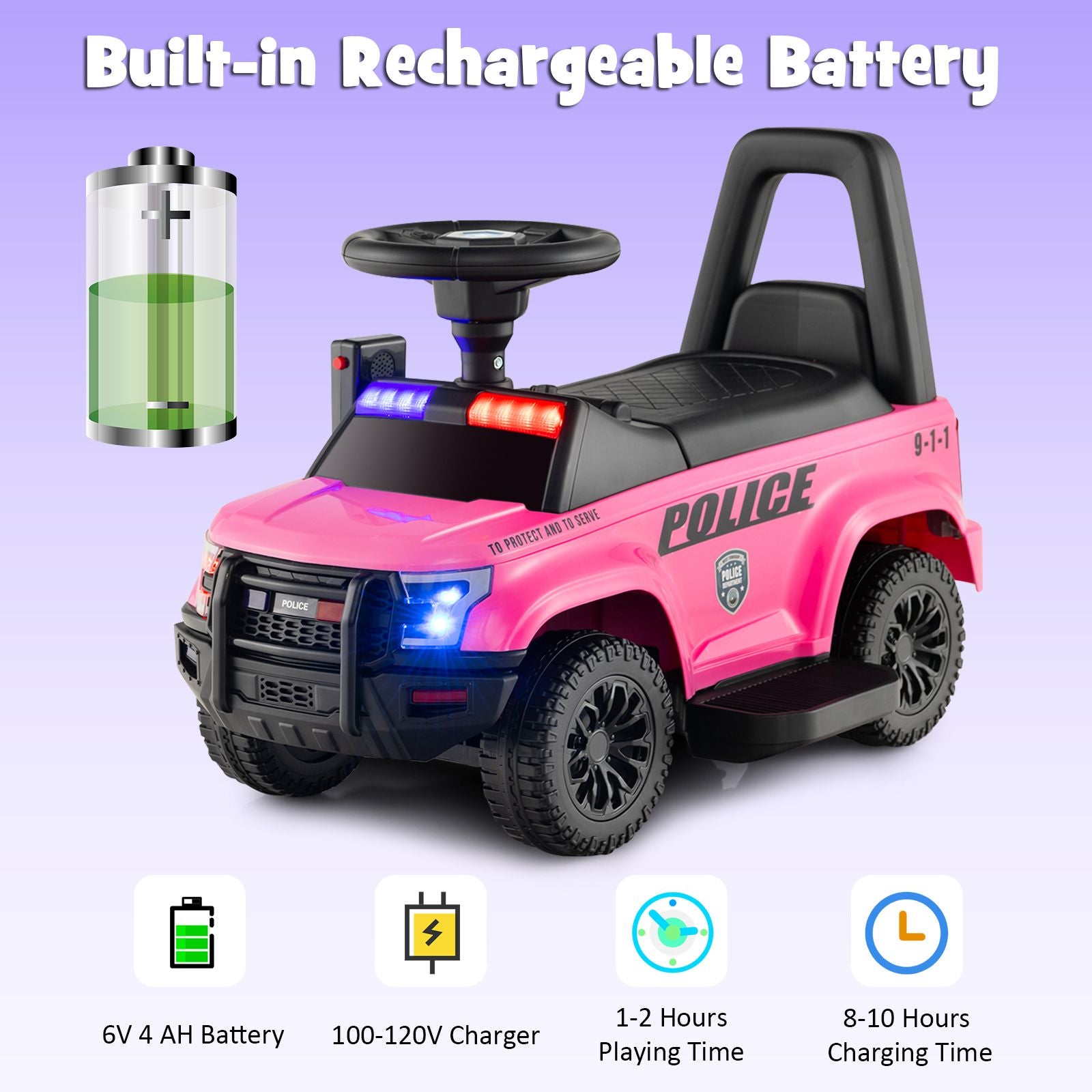 6V Kids Ride-On Police Car with Siren Lights, Megaphone & Hidden Storage | Electric Ride-On Toy for Toddlers