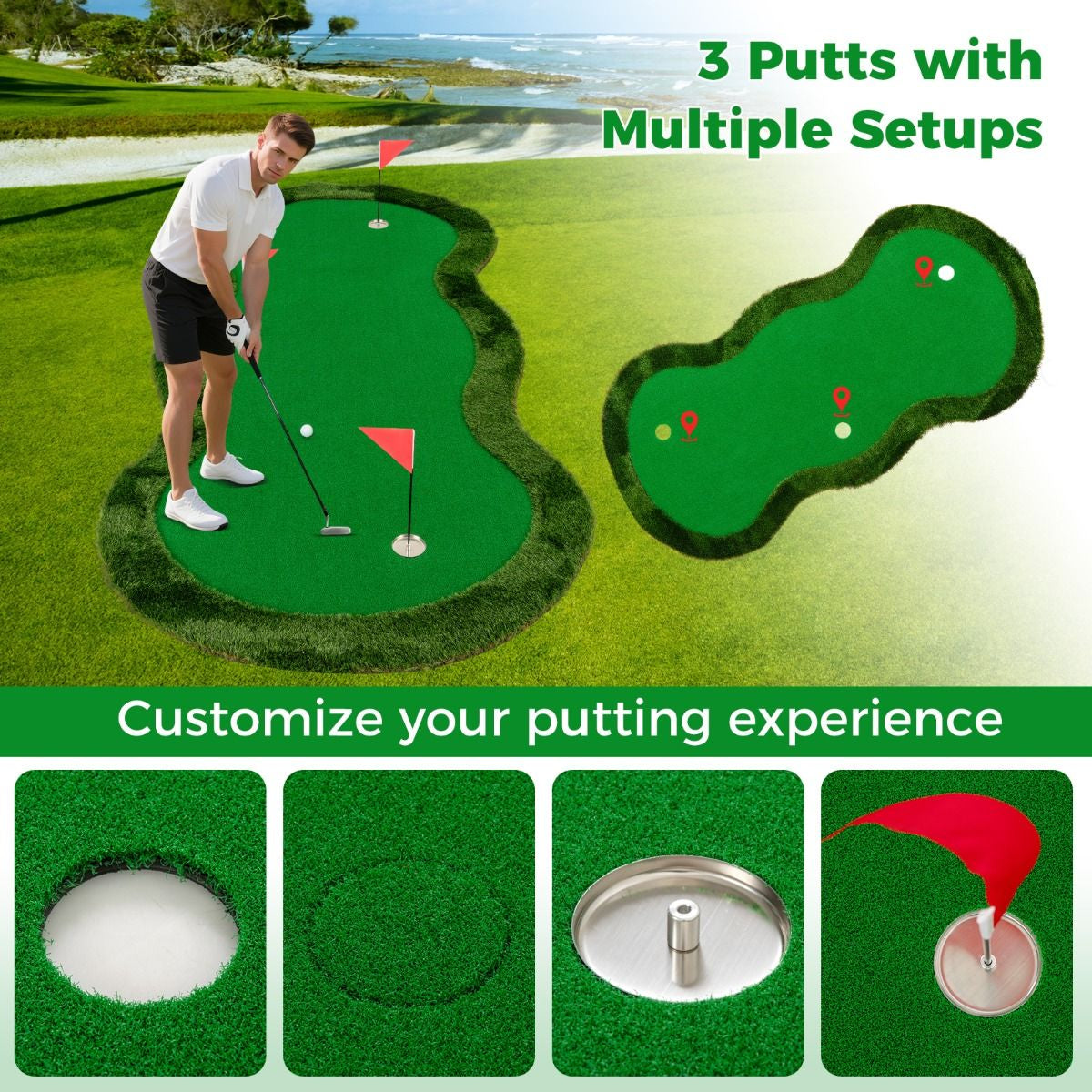 5 x 10 ft Professional Golf Practice Mat with Three Holes and Included Golf Balls for Home Use