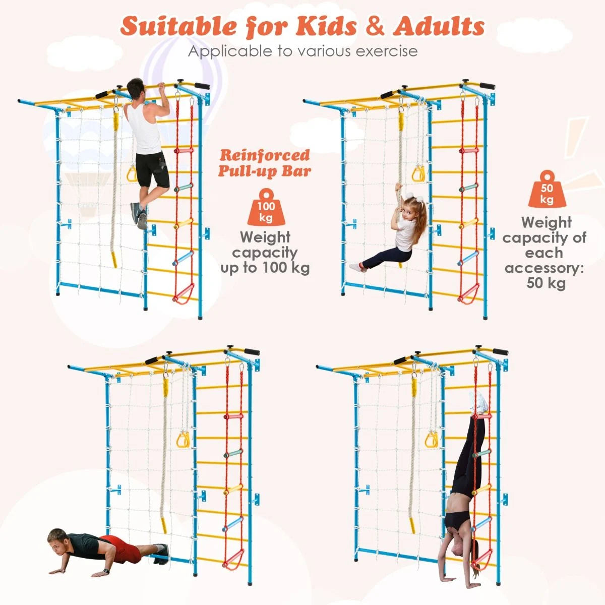 Metal Swedish Wall Bars for Children with Gym Rings and Climbing Net