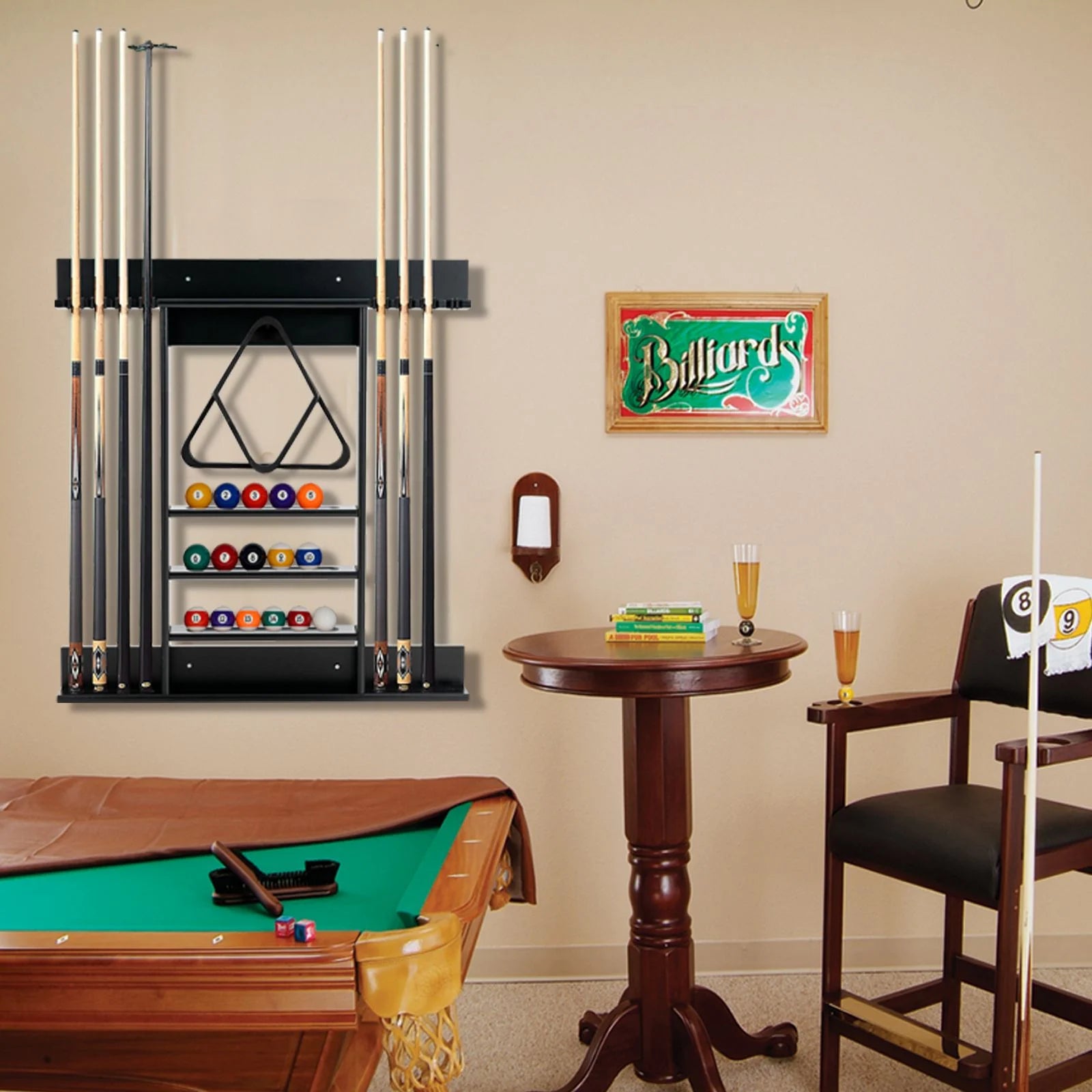 Wall-Mounted Billiard Cue Rack for Pool Sticks