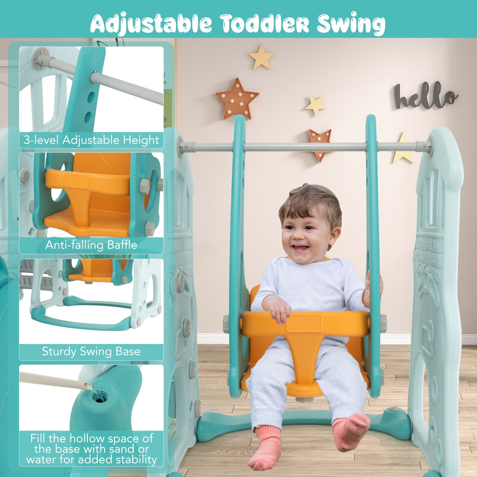 4-in-1 Toddler Slide and Swing Set with Extended Foldable Slide