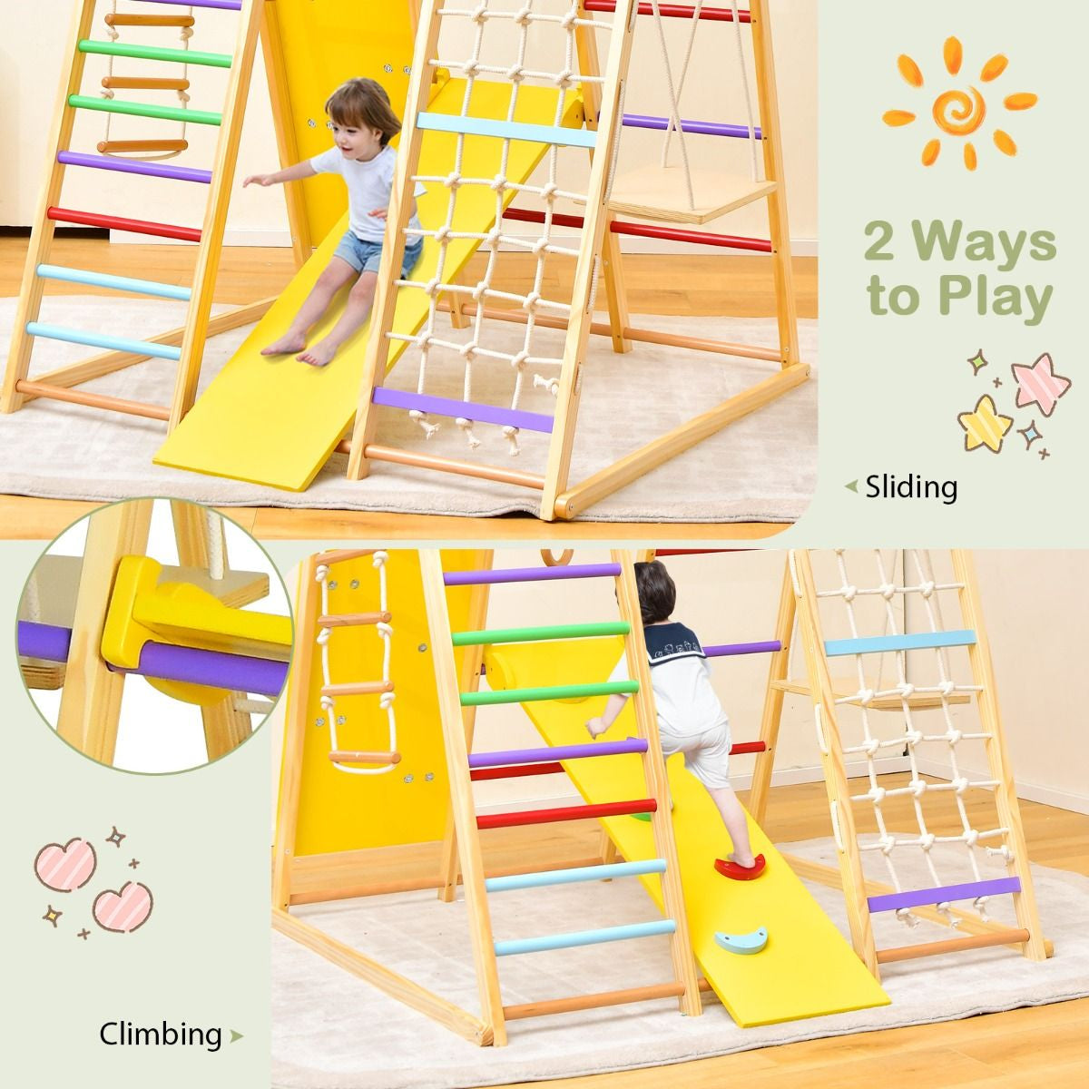 8-in-1 Wooden Jungle Gym Climber Playset with Slide, Swing & Monkey Bars | Indoor Kids Play Tower