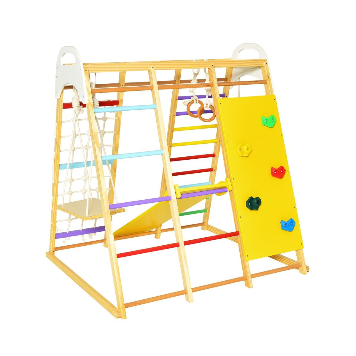 8-in-1 Wooden Jungle Gym Climber Playset with Slide, Swing & Monkey Bars | Indoor Kids Play Tower
