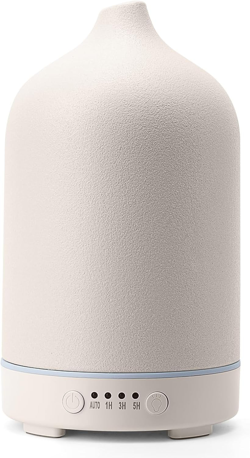 Ceramic Essential Oil Diffuser 250ml – Stone Aromatherapy Diffuser & Air Humidifier | Auto Shut-Off, Timer, 7-Colour Light | Quiet Home & Bedroom Decor (White)