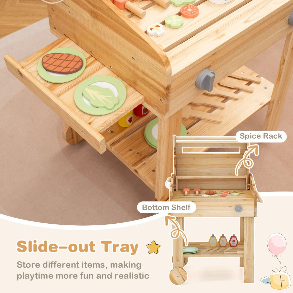 Wooden Barbecue Grill Toy Set with Play Food & Grilling Tools for Kids | Pretend Play Outdoor BBQ Kitchen