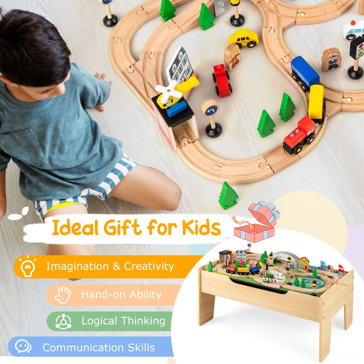 Wooden Train Table 78 Pieces Kids Activity Railway Playset