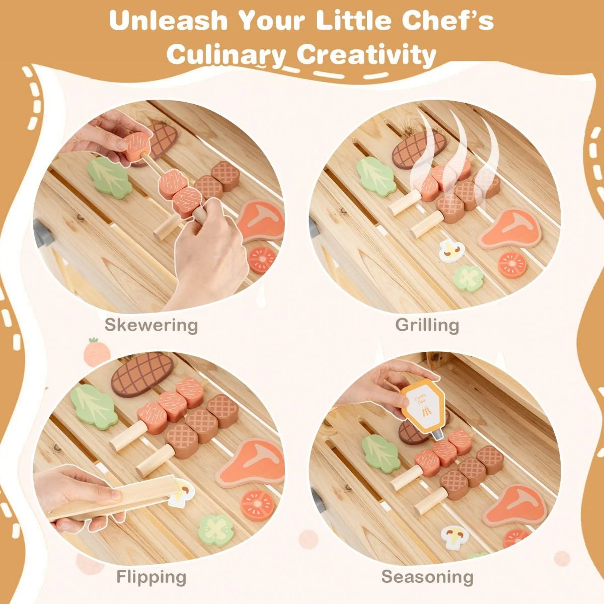 Wooden Barbecue Grill Toy Set with Play Food & Grilling Tools for Kids | Pretend Play Outdoor BBQ Kitchen