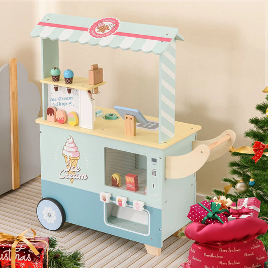 Wooden Kids Ice Cream Cart Pretend Play Set | Toddler Ice Cream Truck with Vending Machine & Accessories | Montessori Role Play Toy Ages 3+