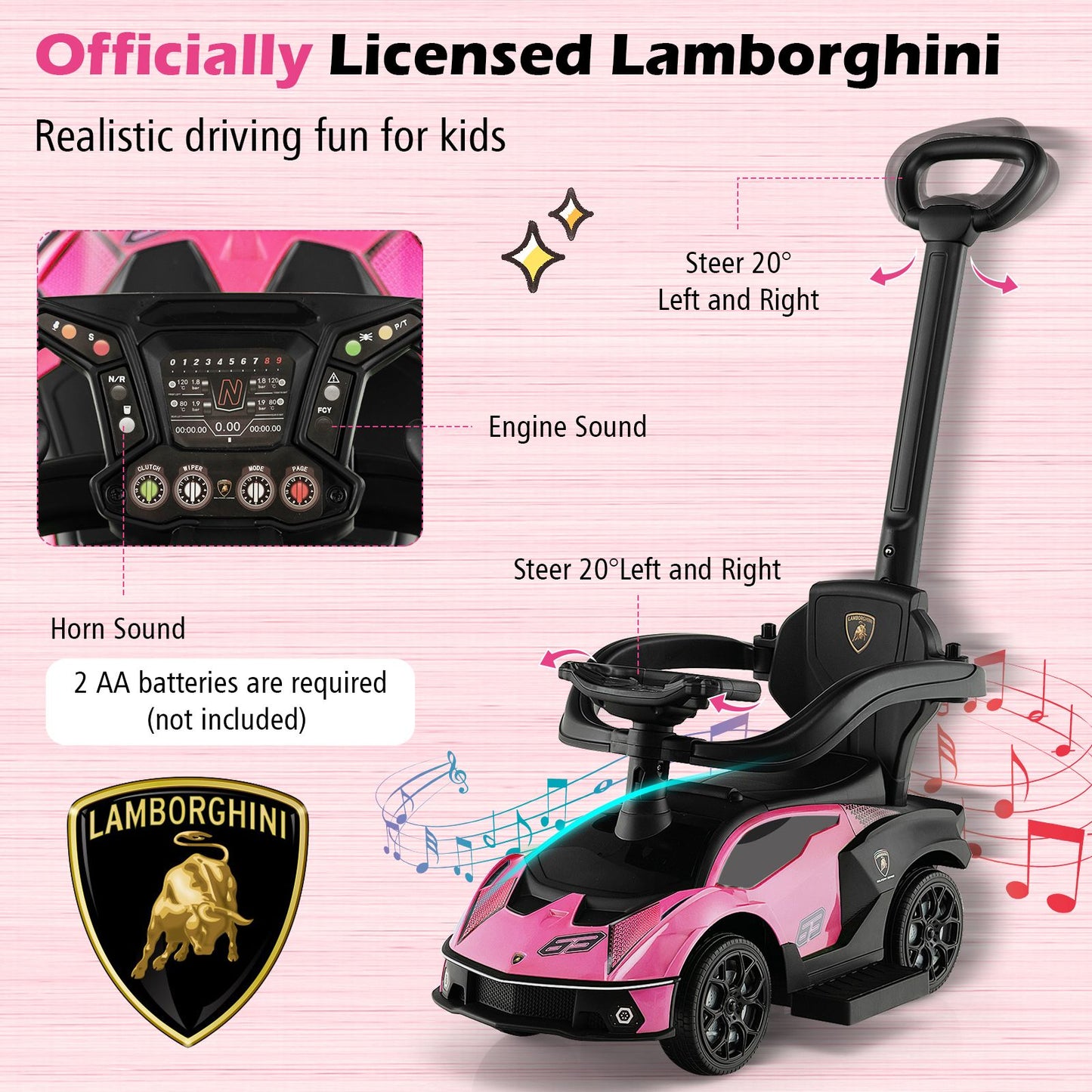 Licensed Lamborghini Ride-On Car for Kids with Push Handle