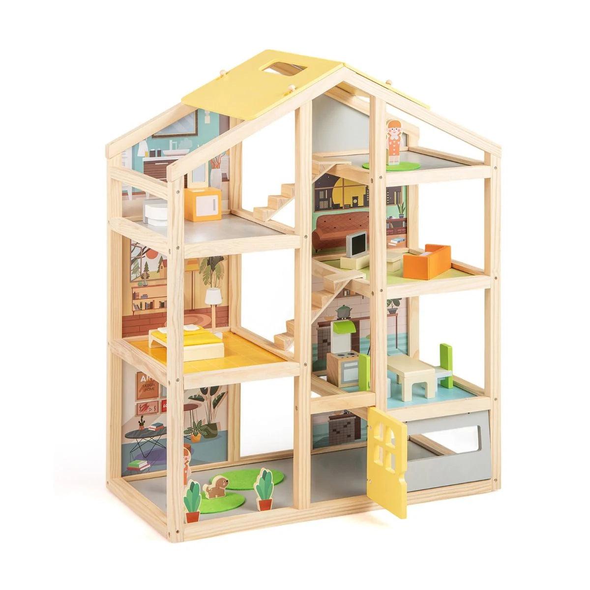 Kids Wooden Dollhouse with 7 Rooms, Figures & 18 Furniture Pieces | Pretend Play Toy for Ages 3+