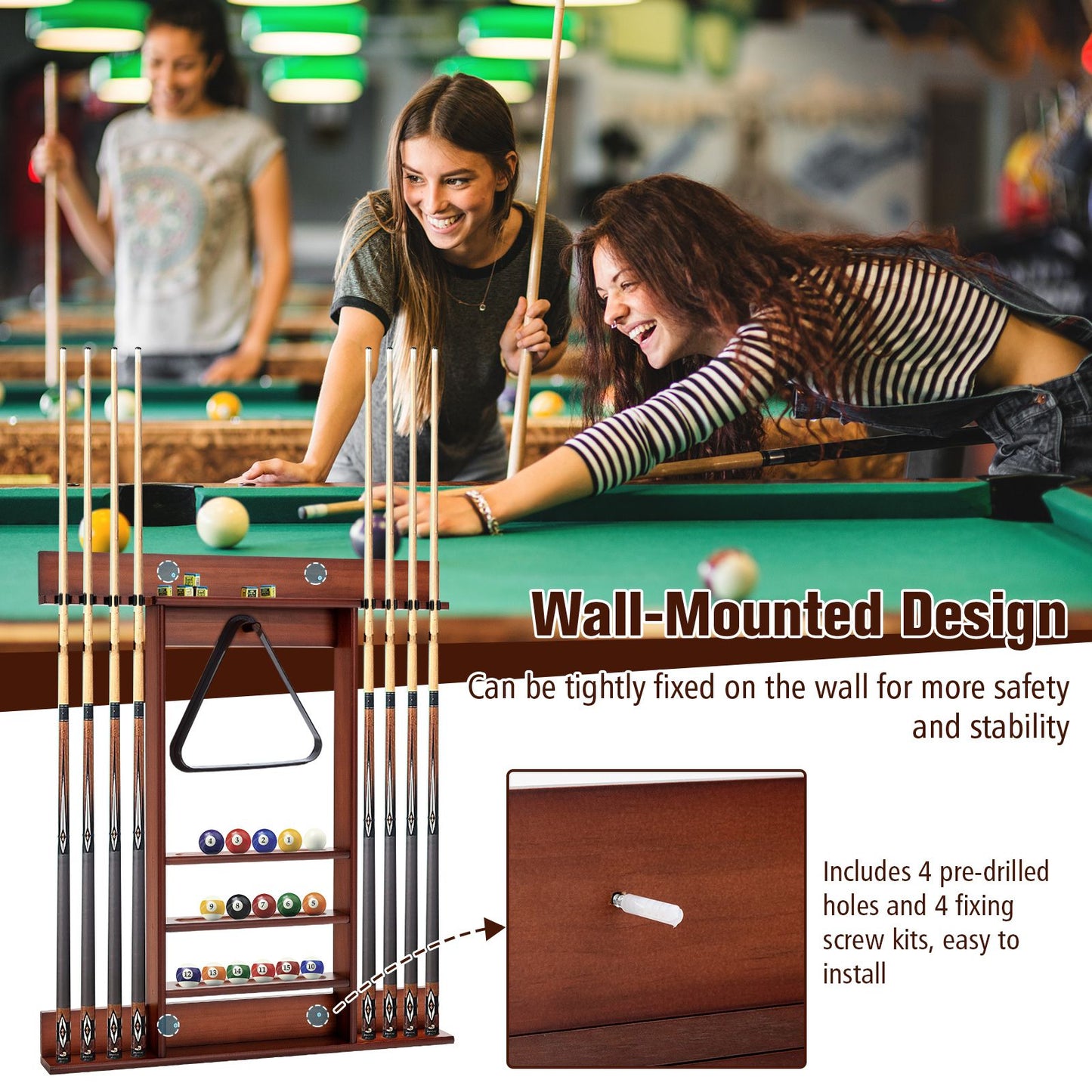 Wall-Mounted Pool Cue Rack for Billiards