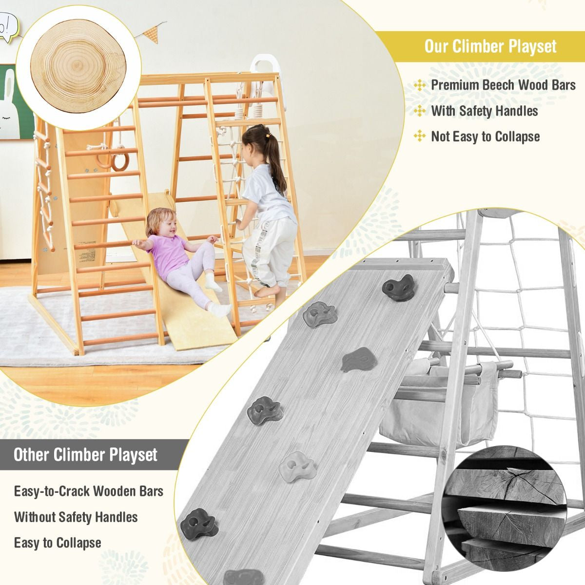 8-in-1 Wooden Jungle Gym Climber Playset with Slide, Swing & Monkey Bars | Indoor Kids Play Tower