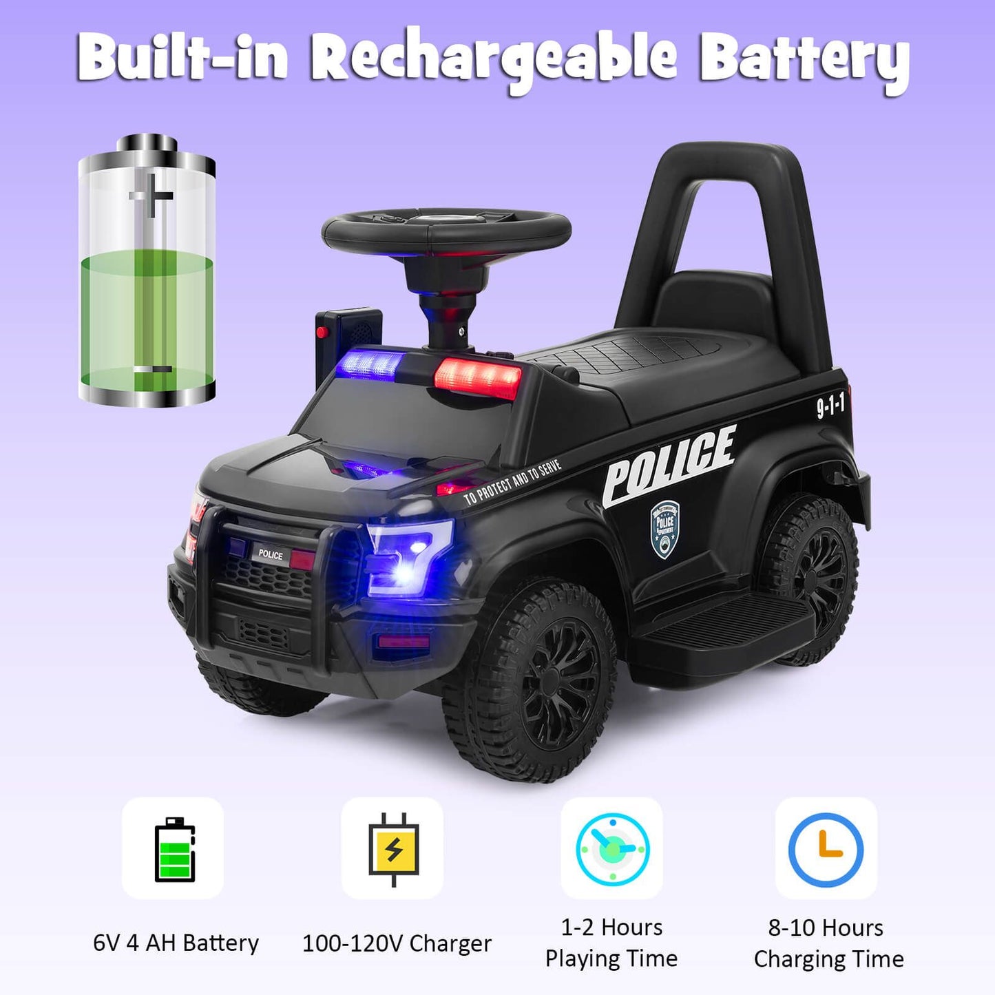6V Kids Ride-On Police Car with Siren Lights, Megaphone & Hidden Storage | Electric Ride-On Toy for Toddlers