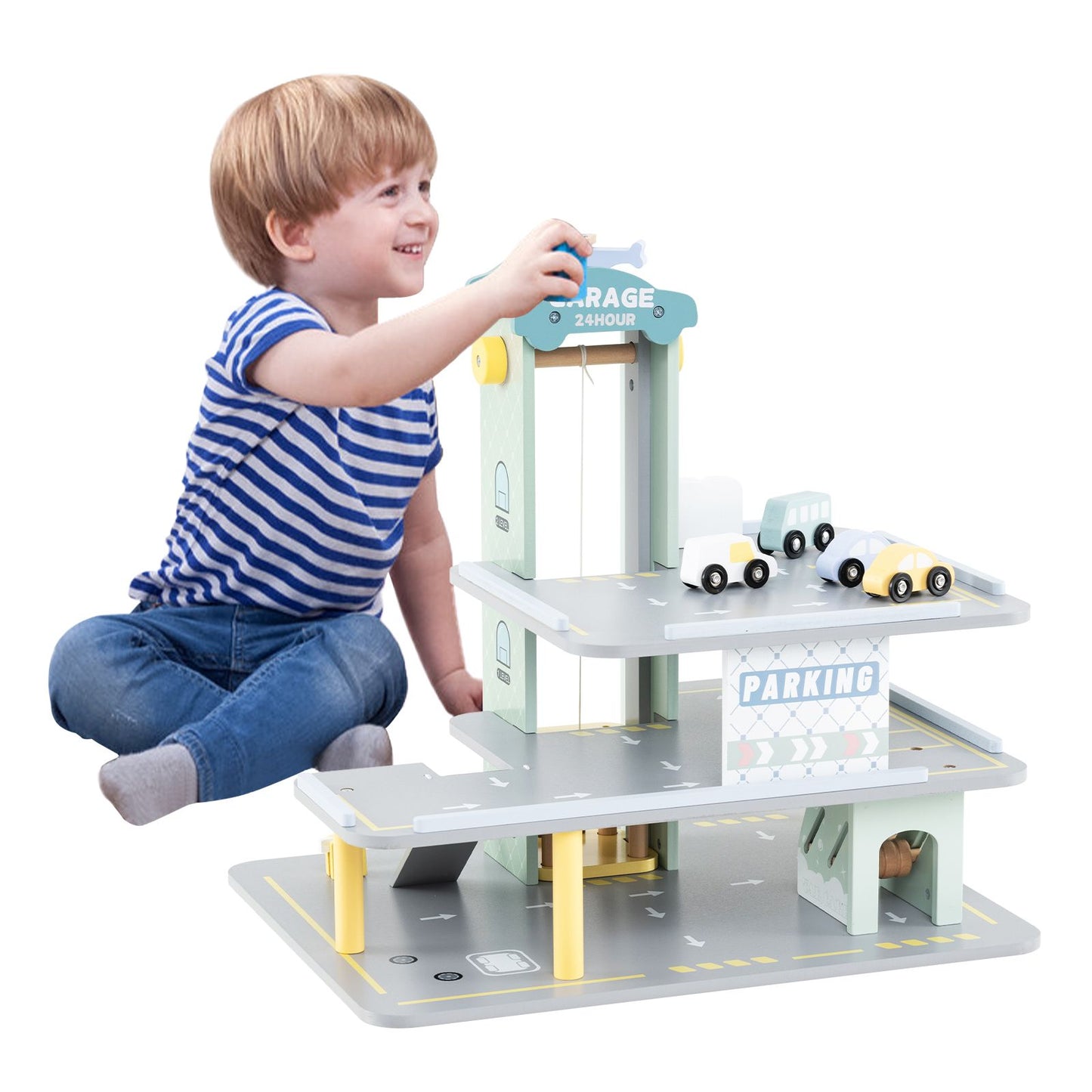 3-Layer Wooden Toy Garage Playset with 4 Cars & Helicopter | Kids Parking Garage with Elevator, Car Wash & Gas Station