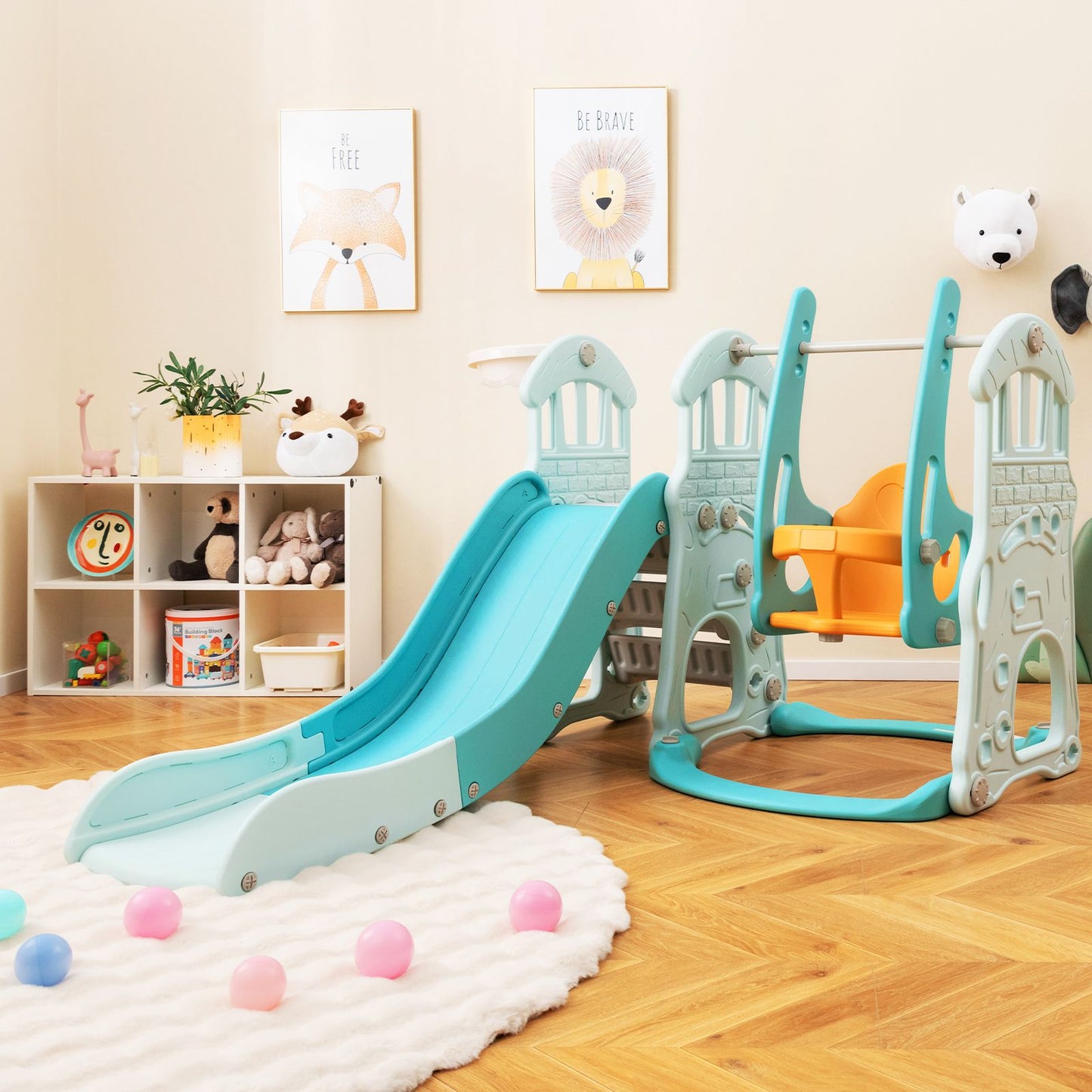 4-in-1 Toddler Slide and Swing Set with Extended Foldable Slide
