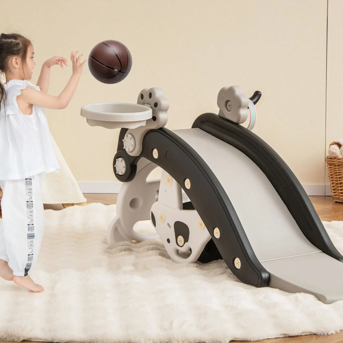 Children's Rocking Horse and Slide Set with Basketball and Ring Toss Game