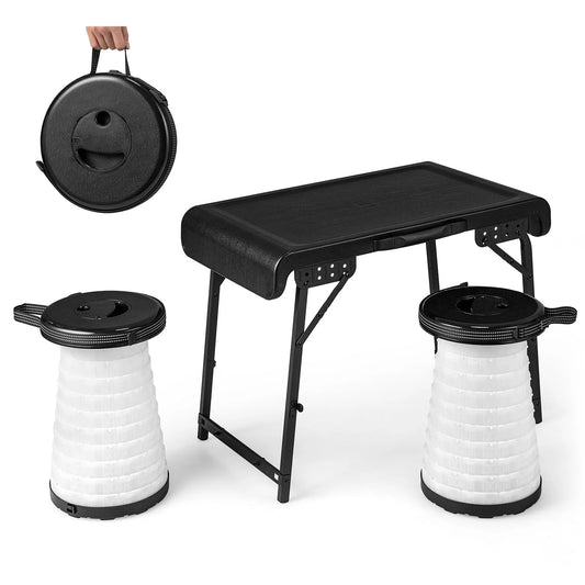 3-Piece Portable Folding Table and Stool Set with Retractable LED Lighting