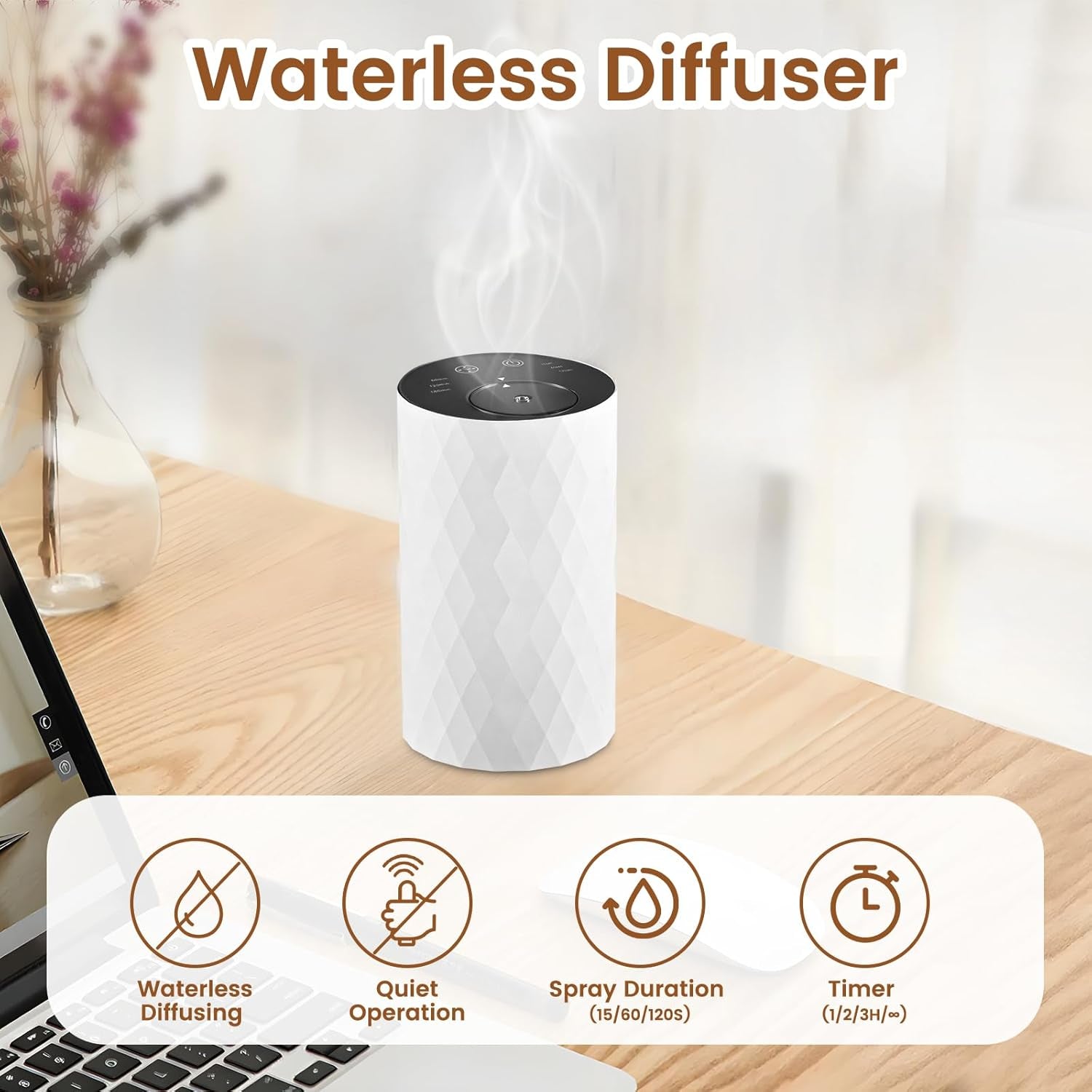 Waterless Essential Oil Diffuser – Cordless Aromatherapy Diffuser with USB Rechargeable Battery | Wireless Car & Home Air Diffuser | Eco-Friendly, Heat-Free Electric Scent Machine (White )