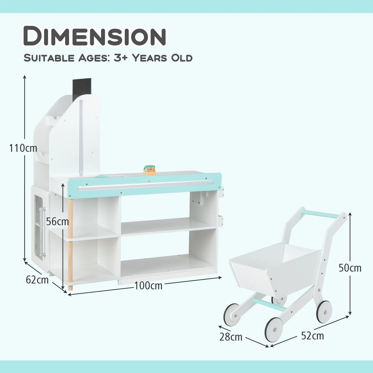 Kids Wooden Supermarket Play Set with Cash Register, LED Lights & Shopping Cart | 39-Piece Grocery Store Toy