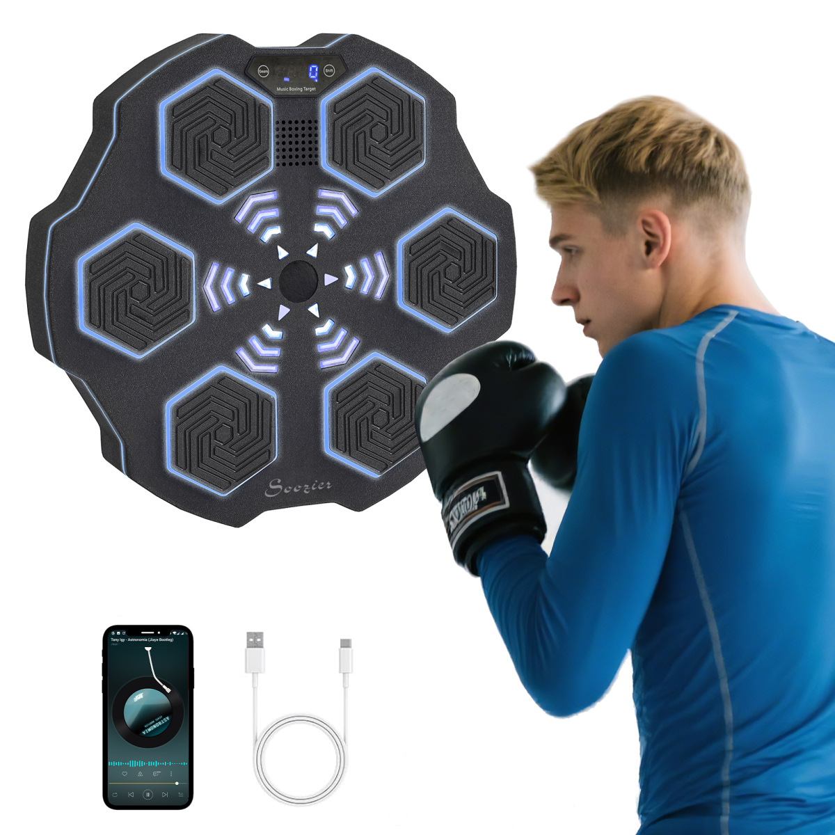 Music Boxing Machine with Bluetooth, LED Lights & Punch Tracking – Wall-Mounted Training Pad